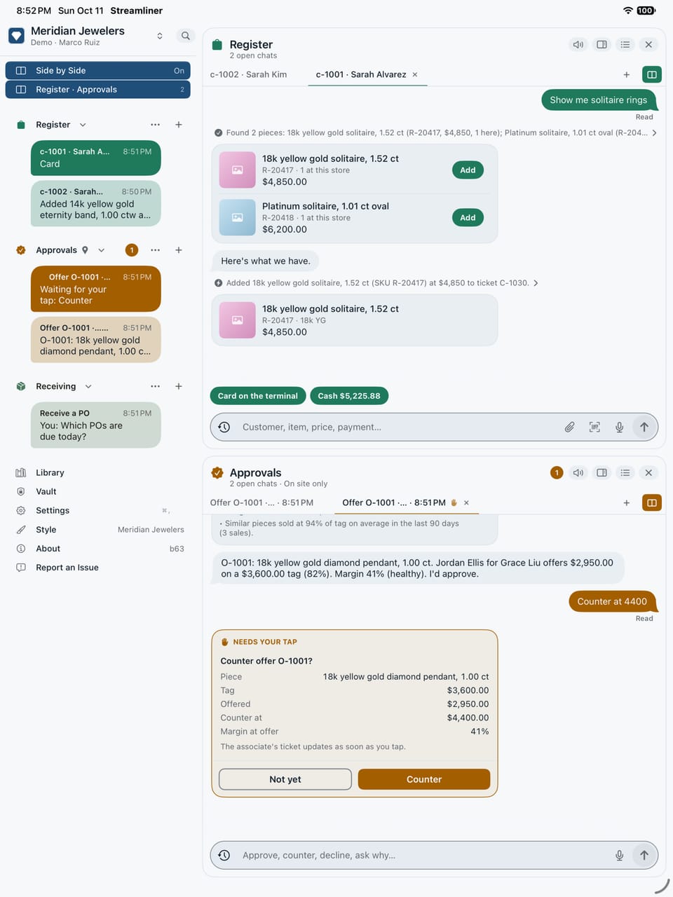 An iPad with the Register and Approvals streamlines side by side, each with its own chats in the sidebar.