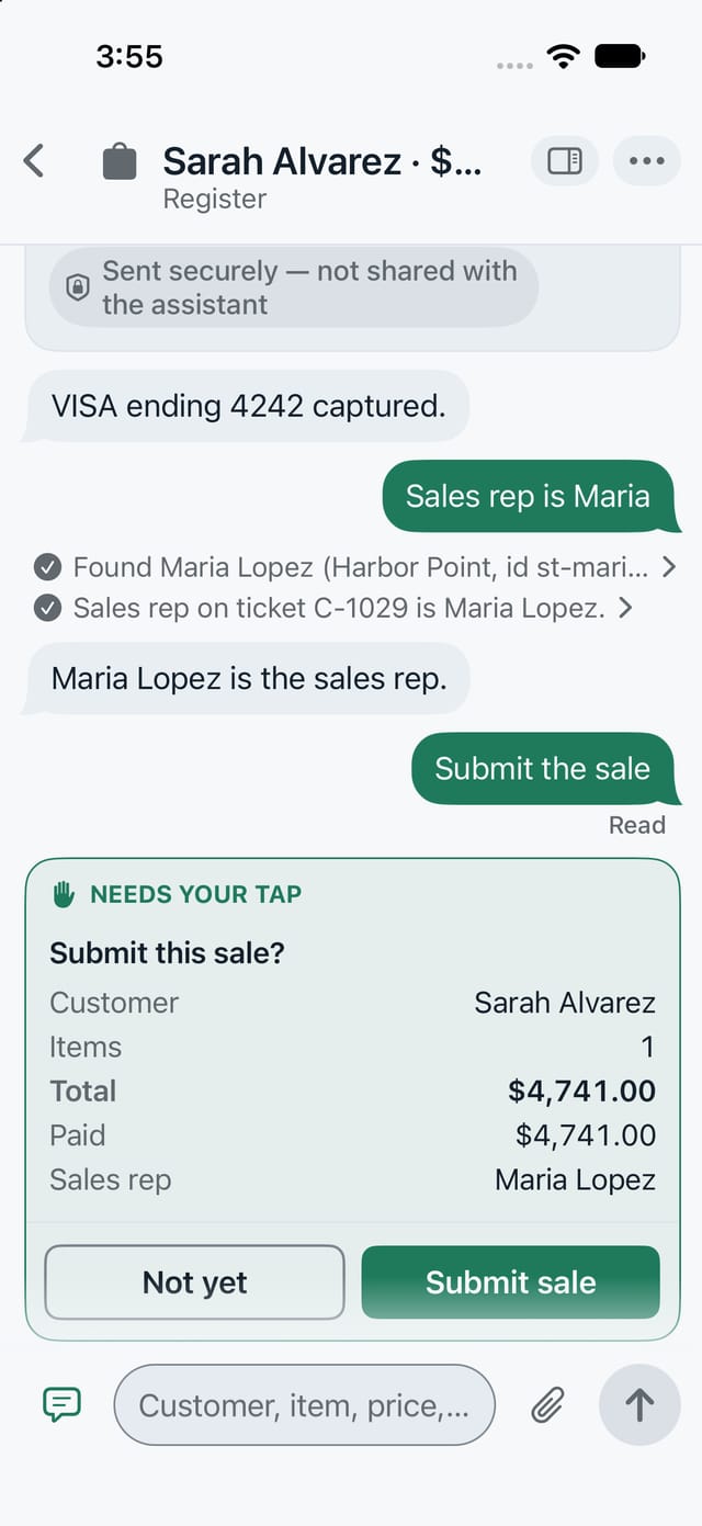 An iPhone chat in Register ending in a confirmation card titled Submit this sale?, with Not yet and Submit sale buttons.