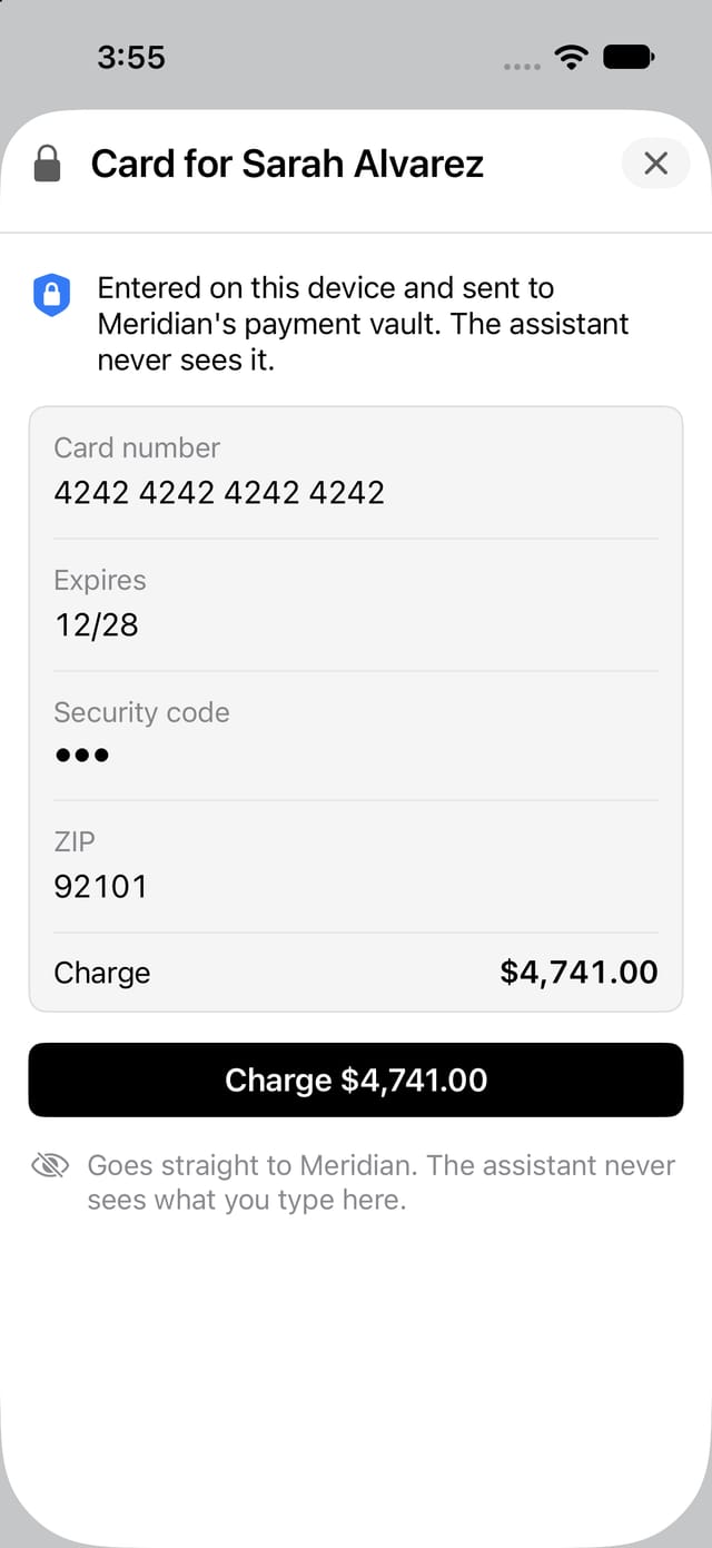 A secure card form on an iPhone with a note that the card goes straight to Meridian's payment vault and the assistant never sees it.