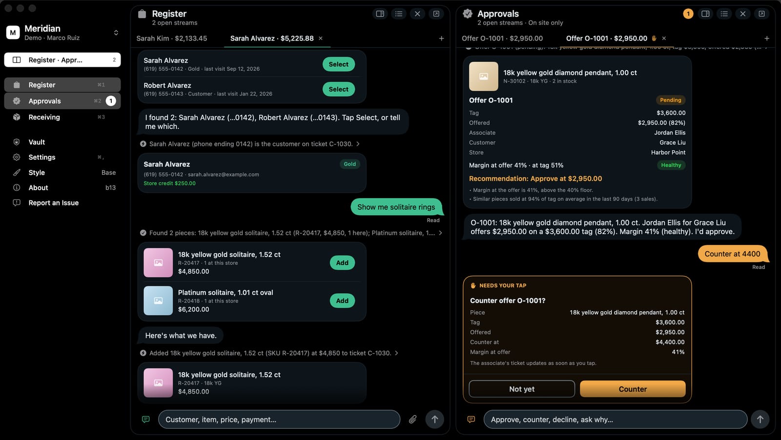 Streamliner on a Mac with the Meridian Jewelers demo: a sale in the Register chat beside an offer in Approvals, where a card asks the manager to confirm a counteroffer.